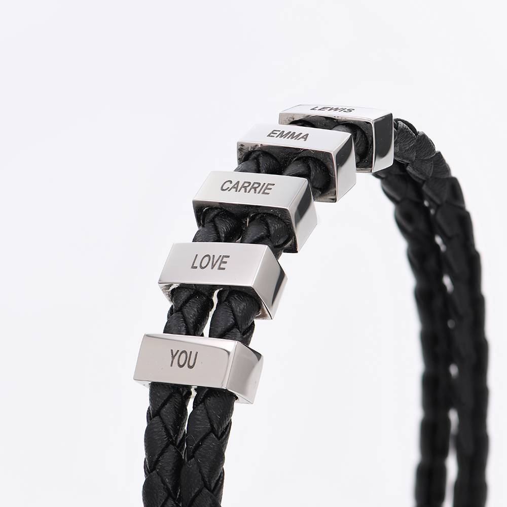 Hunter flettet T-Bar læderarmbånd med graverbare perler i rustfrit stål til mænd-1 produkt billede