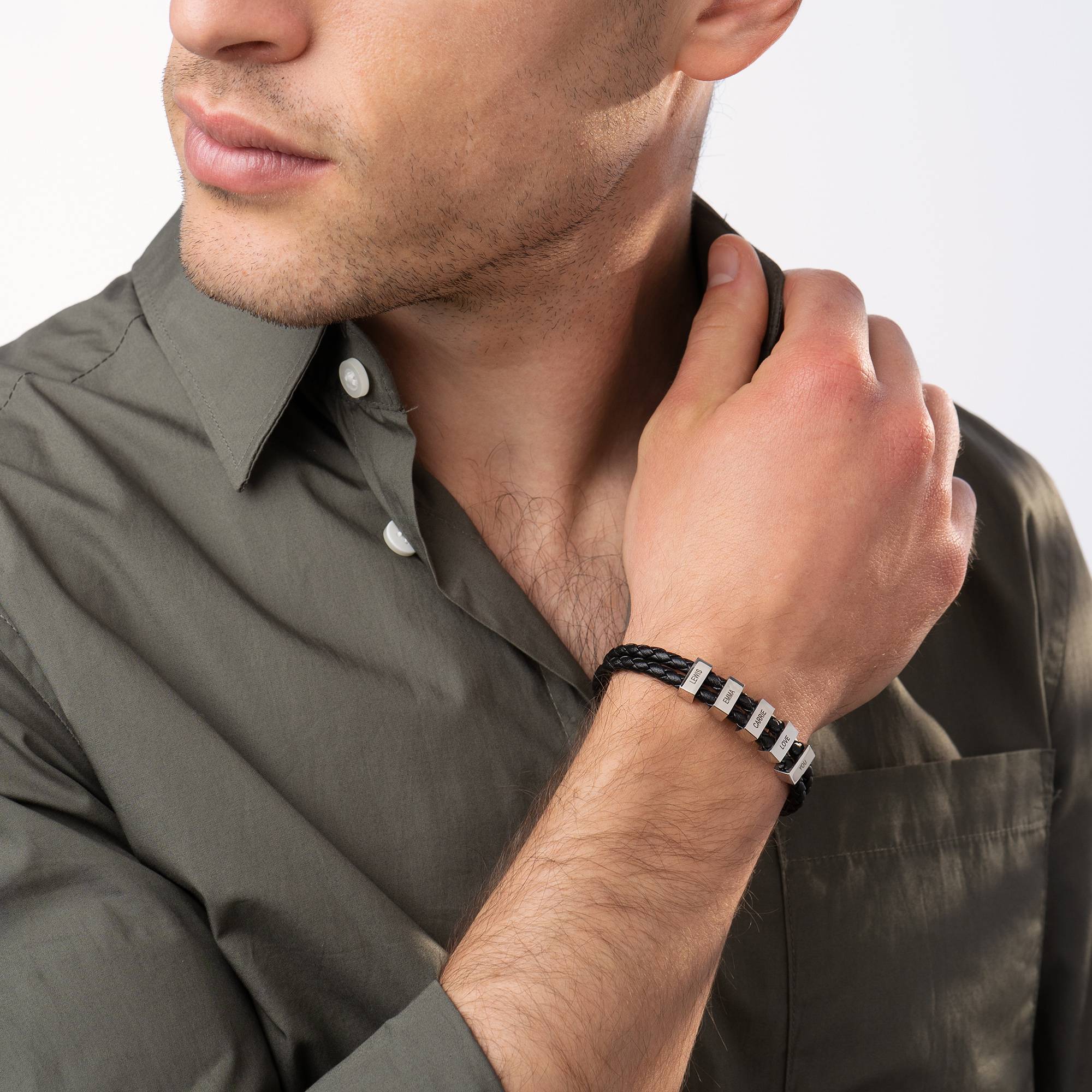 Hunter flettet T-Bar læderarmbånd med graverbare perler i rustfrit stål til mænd-4 produkt billede