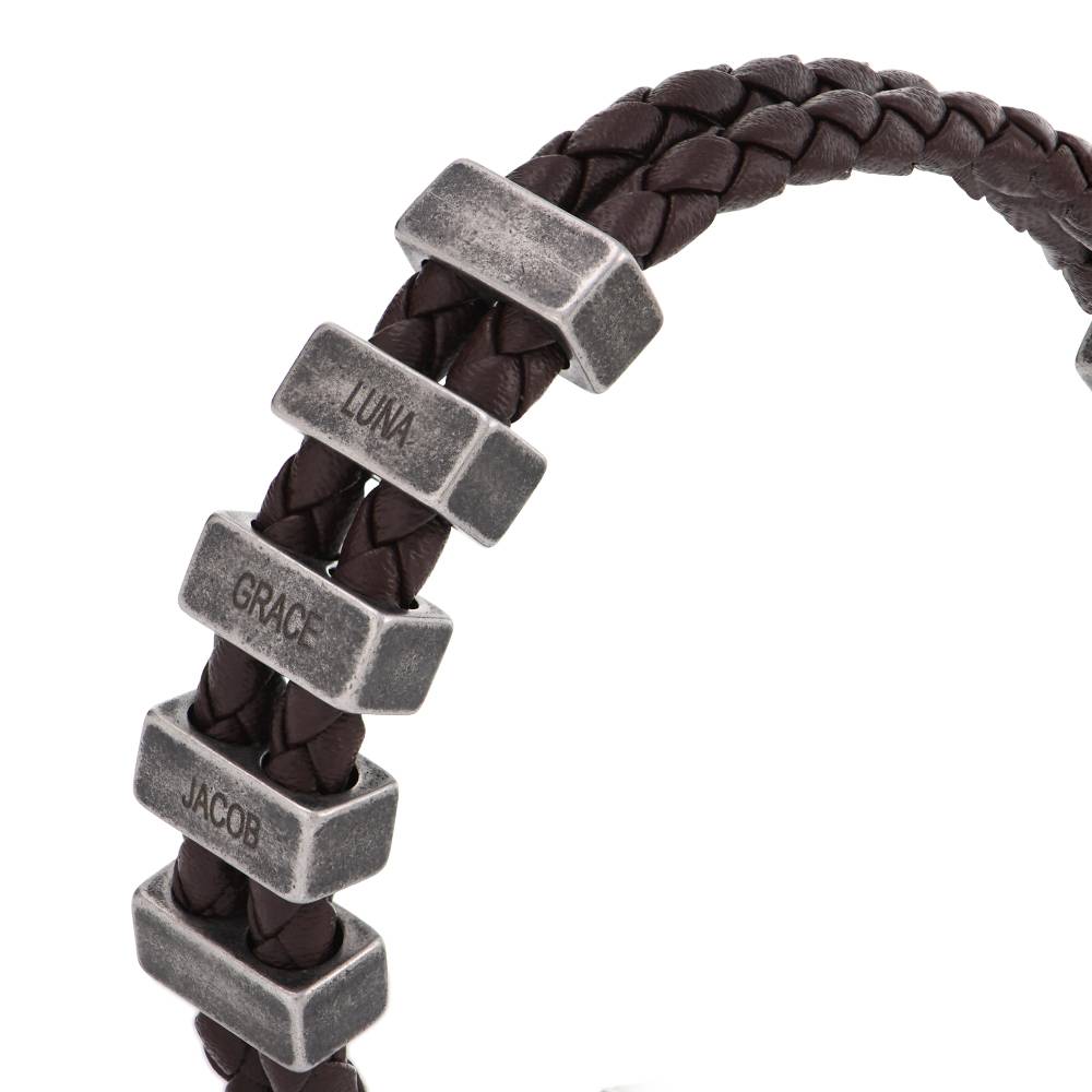 Hunter flettet T-Bar læderarmbånd med graverbare perler i rustfrit stål til mænd-2 produkt billede