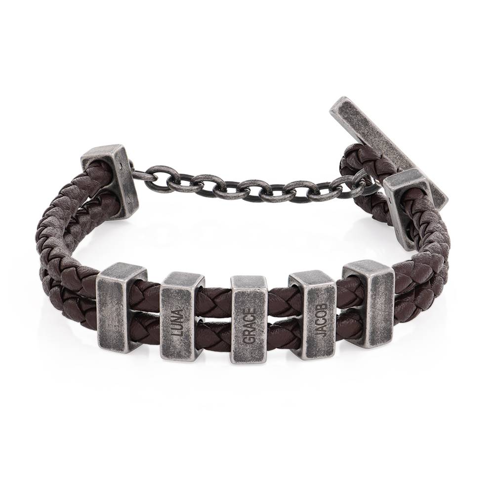 Bracelet en cuir tressé Hunter, barre en T avec perles à graver en acier inoxydable pour hommes photo du produit
