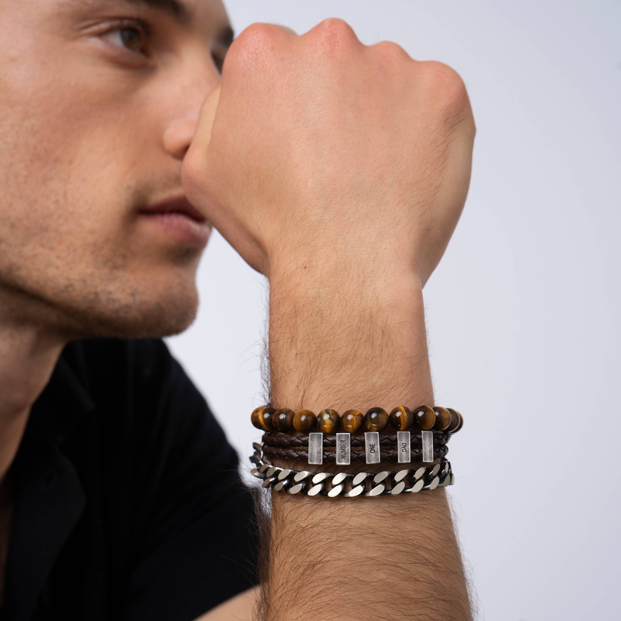 Hunter flettet T-Bar læderarmbånd med graverbare perler i rustfrit stål til mænd-4 produkt billede