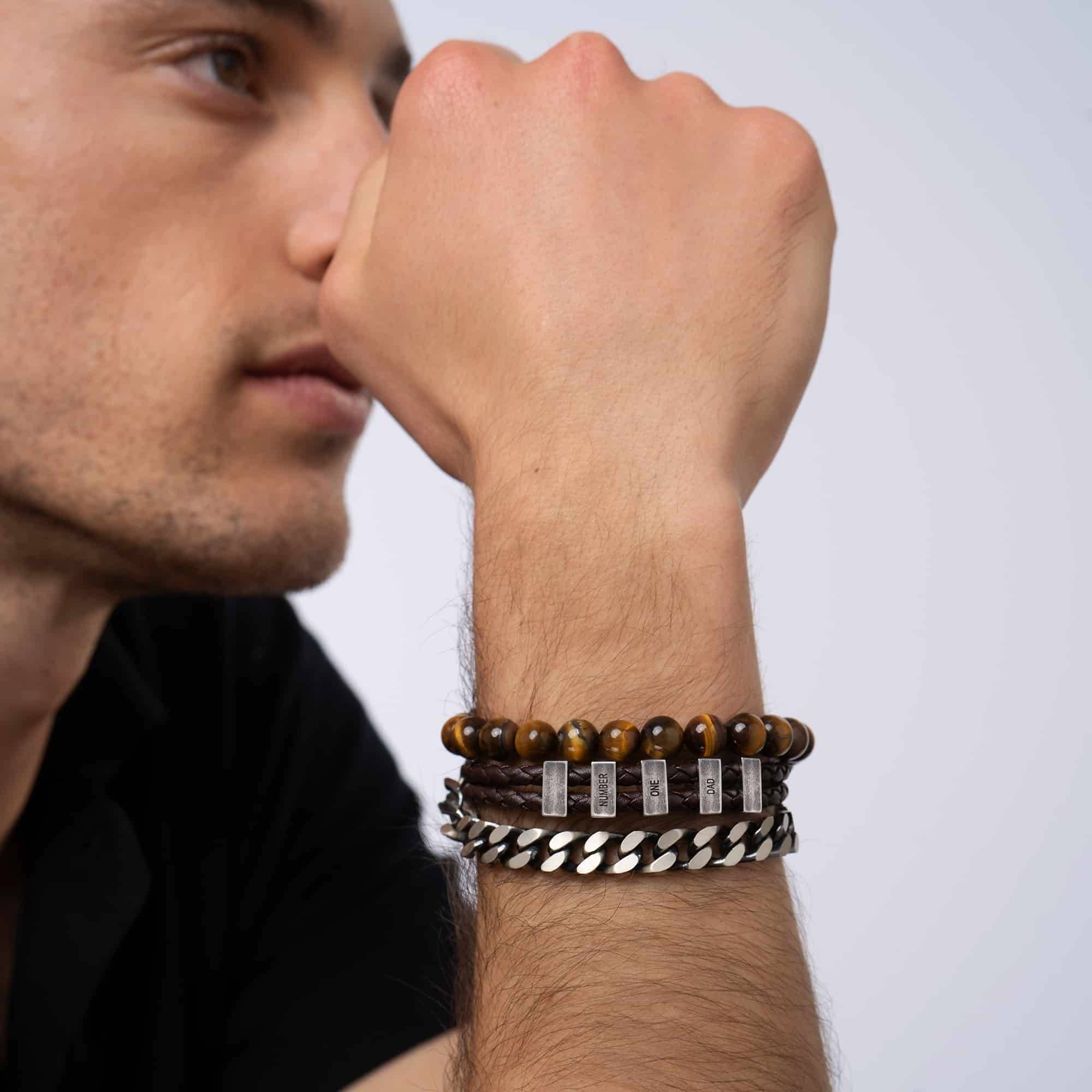 Hunter geflochtenes T-Bar Lederarmband mit gravierbaren Edelstahl-Beads für Männer-6 Produktfoto