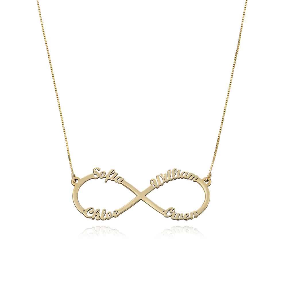 Infinity halskæde med fire navne i 14 karat guld-2 produkt billede