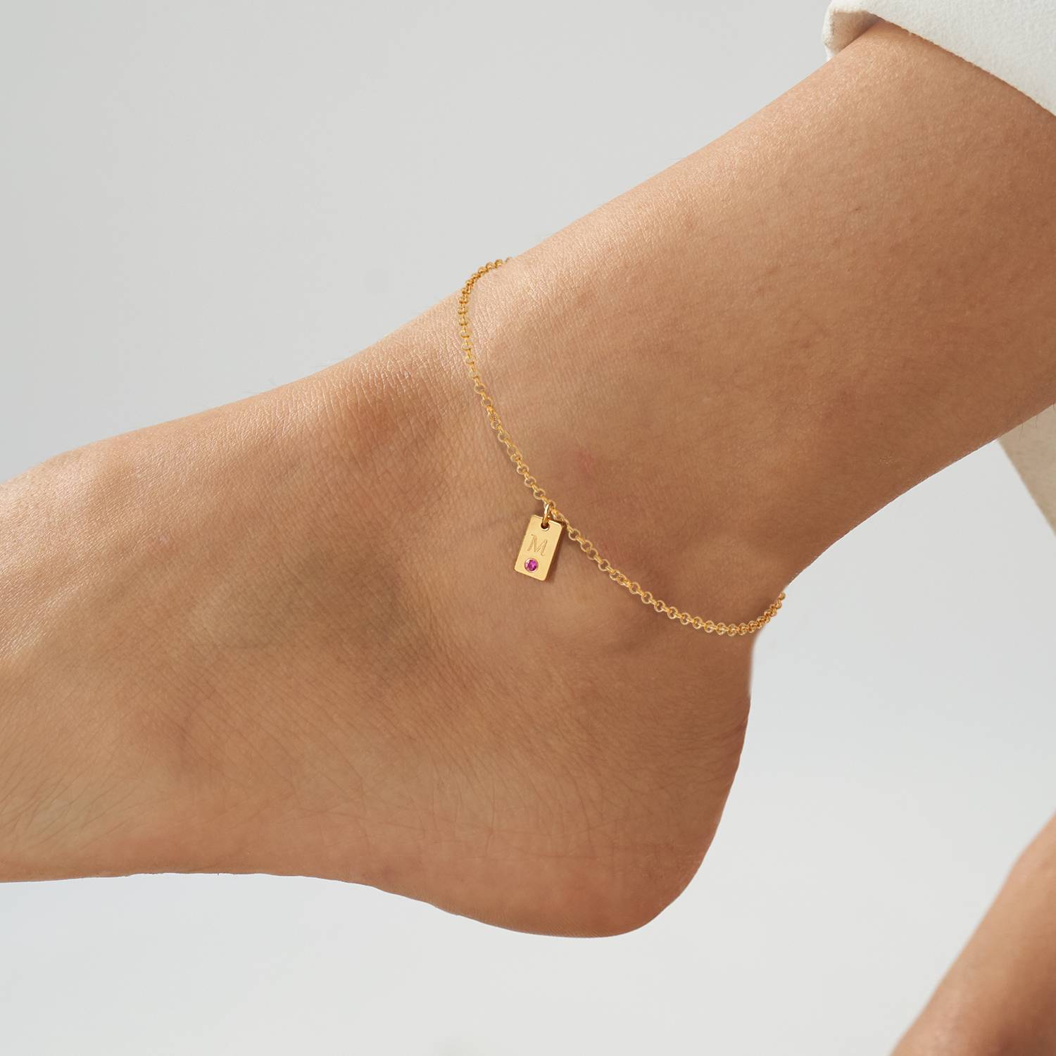 Initial Birthstone Tag Anklet in 14K Yellow Gold-2 product photo