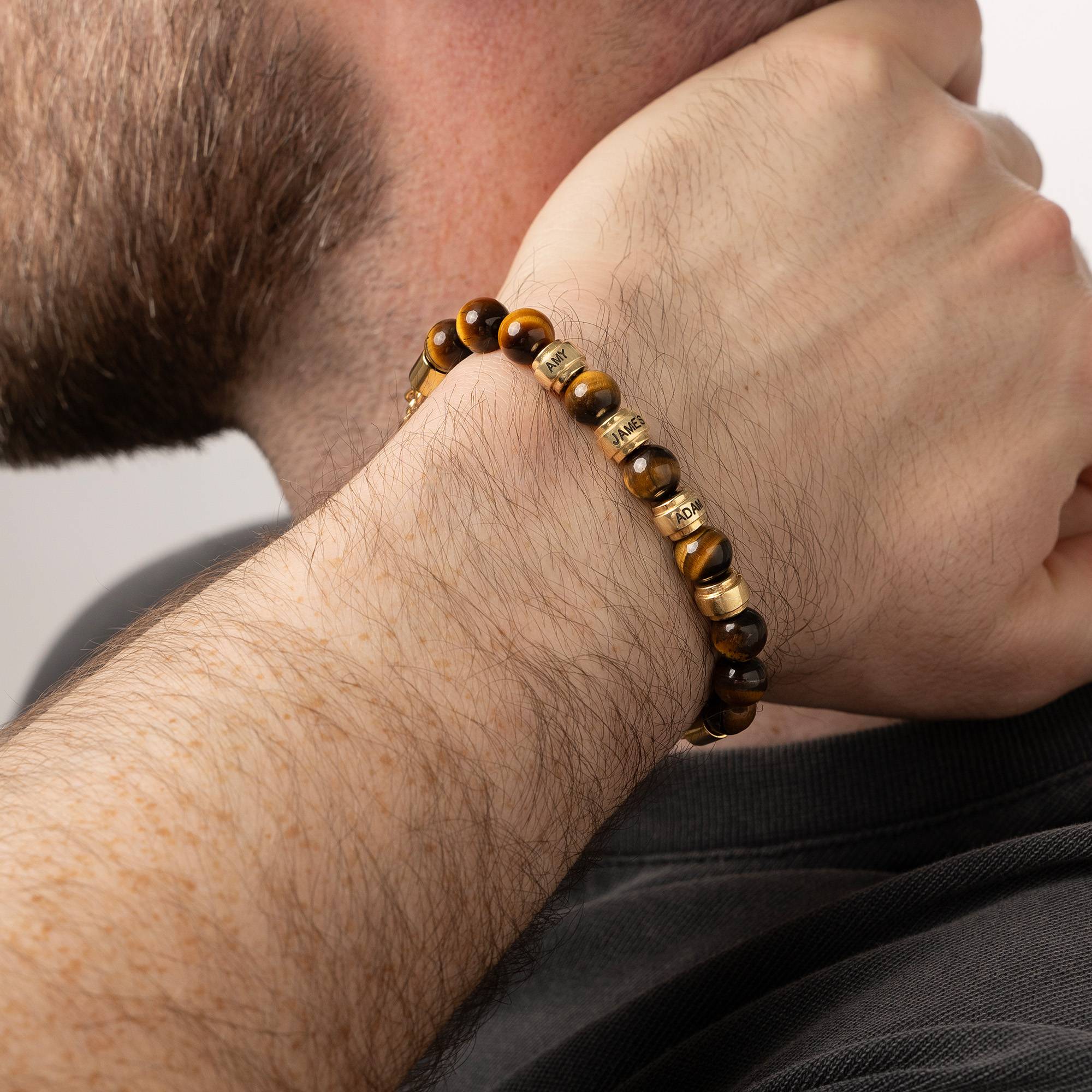 Jack Tiger Eye and Personalized Bead Bracelet for Men in 18K Gold Plating-6 product photo