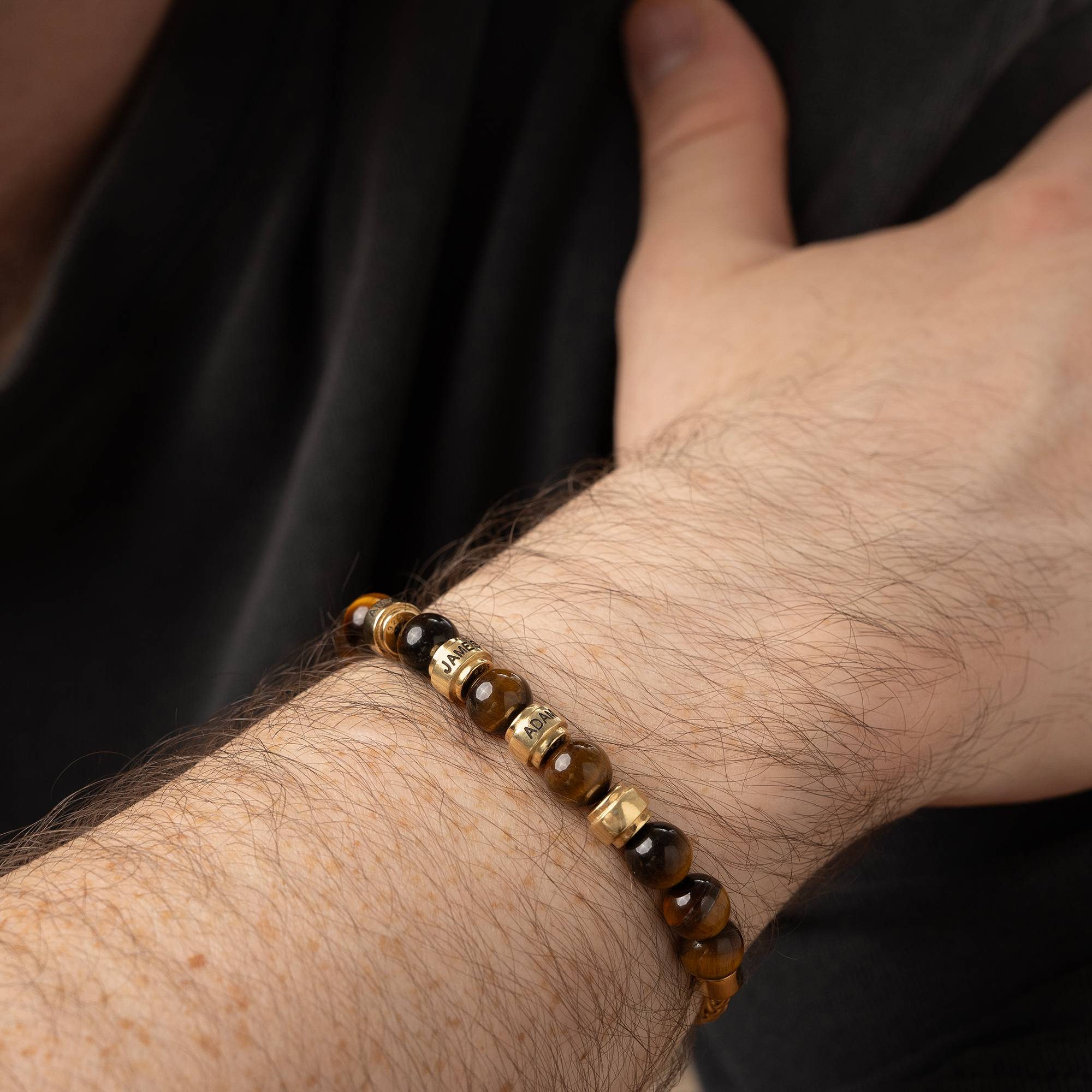 Jack Tiger Eye and Personalized Bead Bracelet for Men in 18K Gold Plating-3 product photo