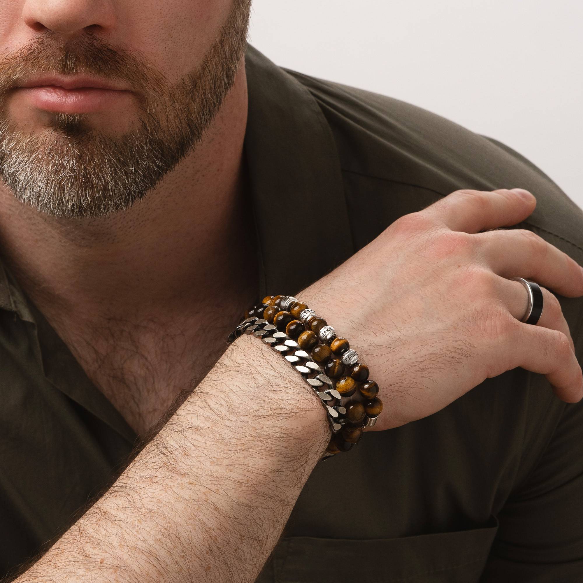 Jack Tijgeroog en Gepersonaliseerde Zilveren Kralen Armband voor Mannen-3 Productfoto