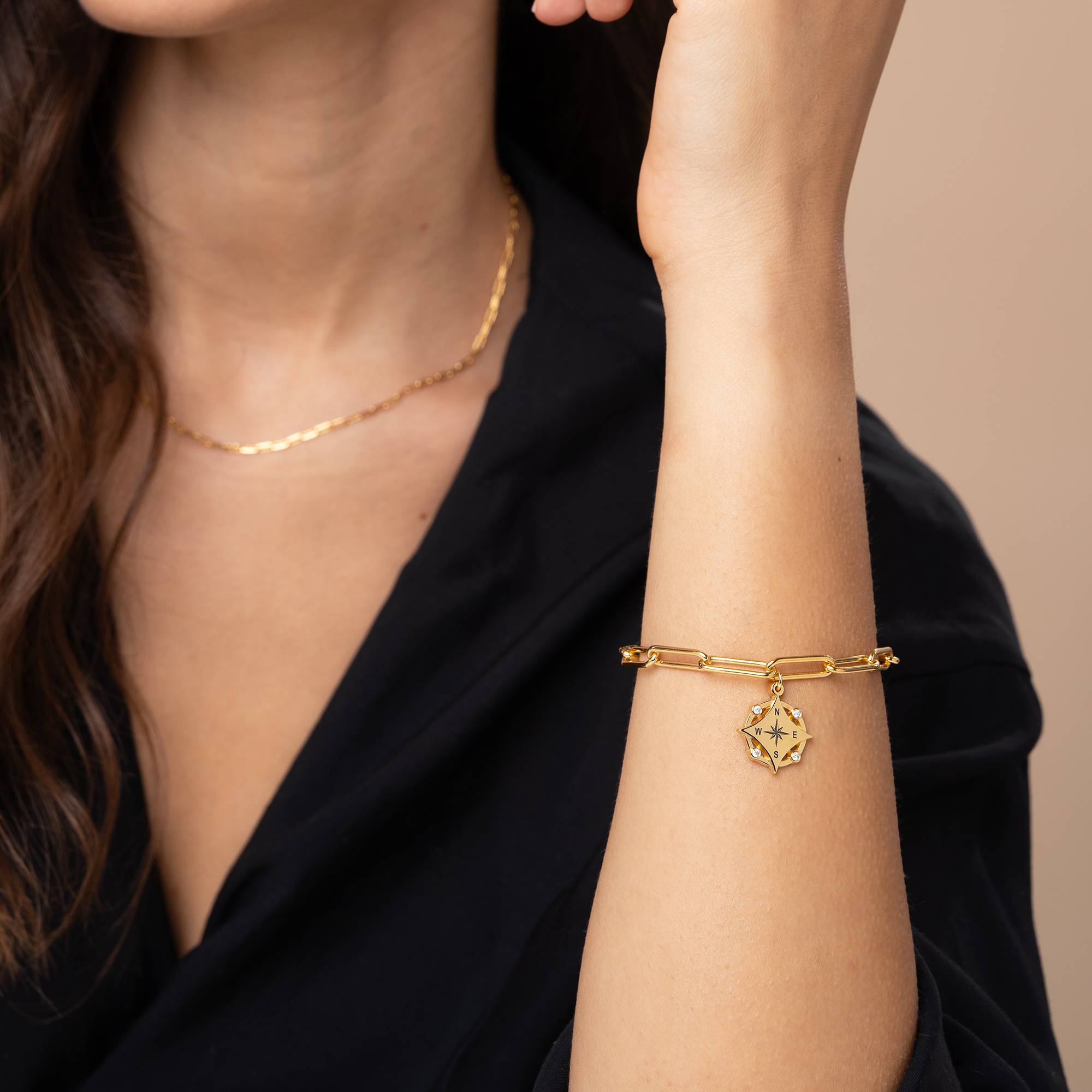 Kaia Initial Compass Bracelet with Diamond in 18K Gold Plating-1 product photo