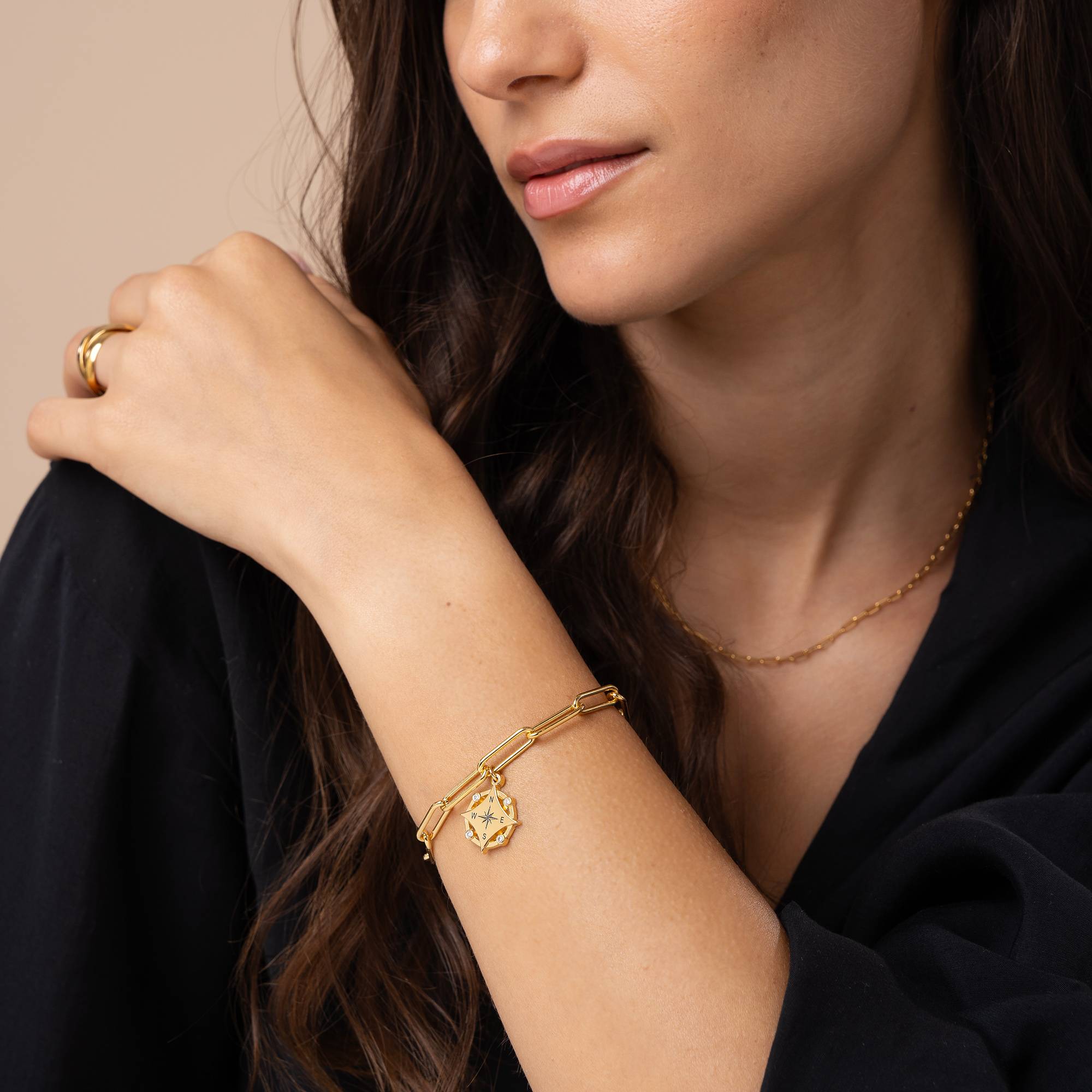 Kaia Initial Compass Bracelet with Diamond in 18K Gold Plating-5 product photo