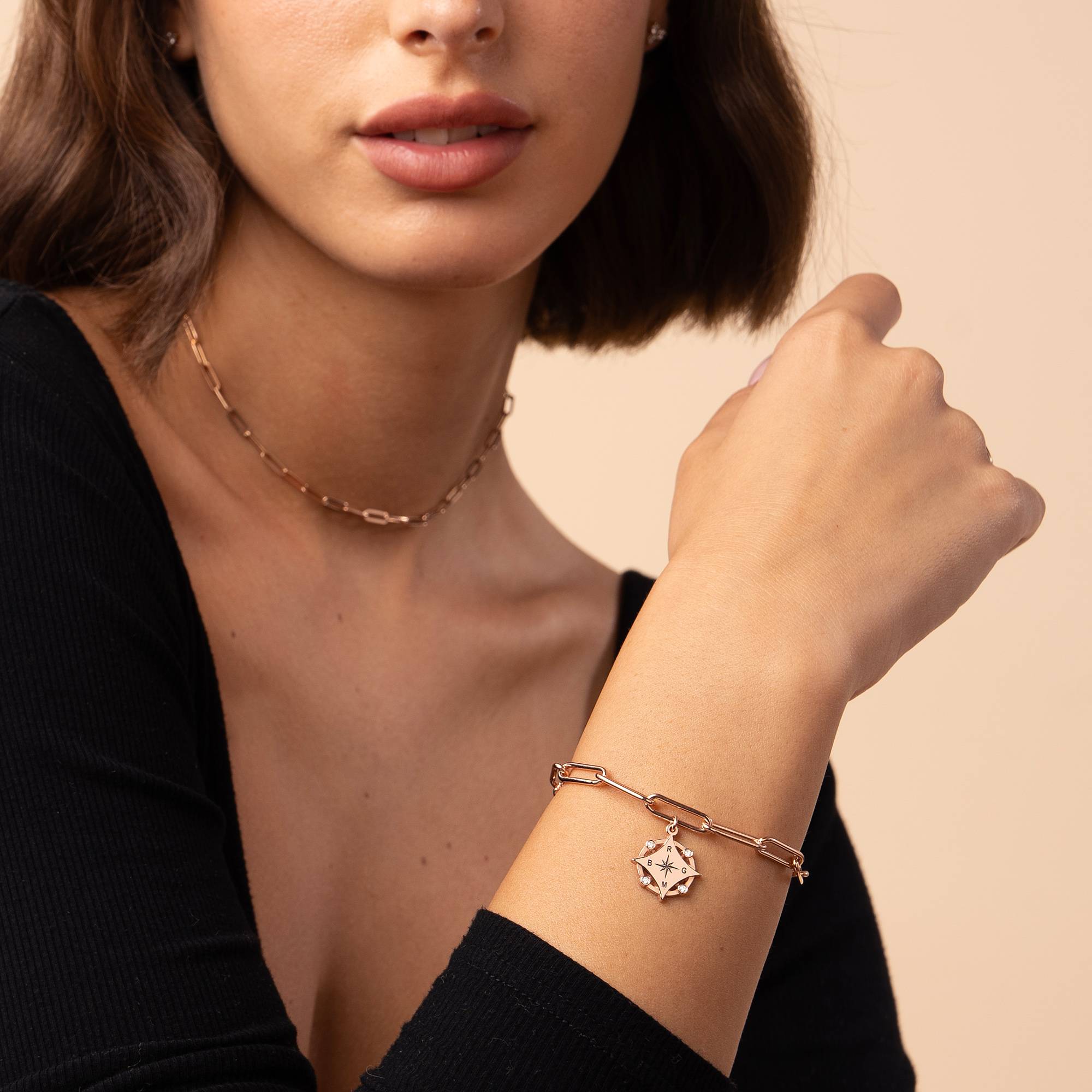 Kaia Initial Compass Bracelet with Diamond in 18K Rose Gold Plating-5 product photo