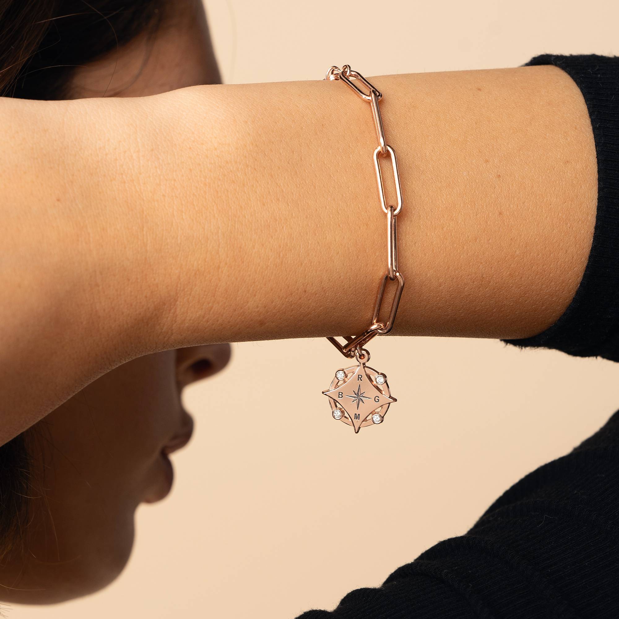 Kaia Initial Compass Bracelet with Diamond in 18K Rose Gold Plating-2 product photo