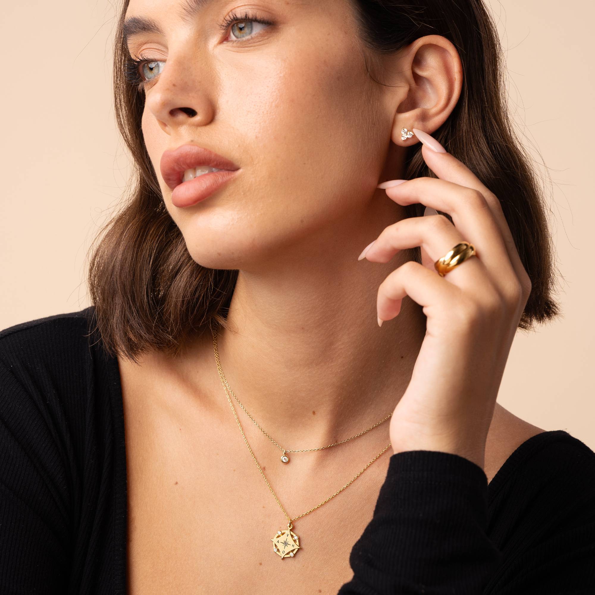 Kaia Initial Compass Necklace with Diamonds in 18ct Gold Plating-3 product photo