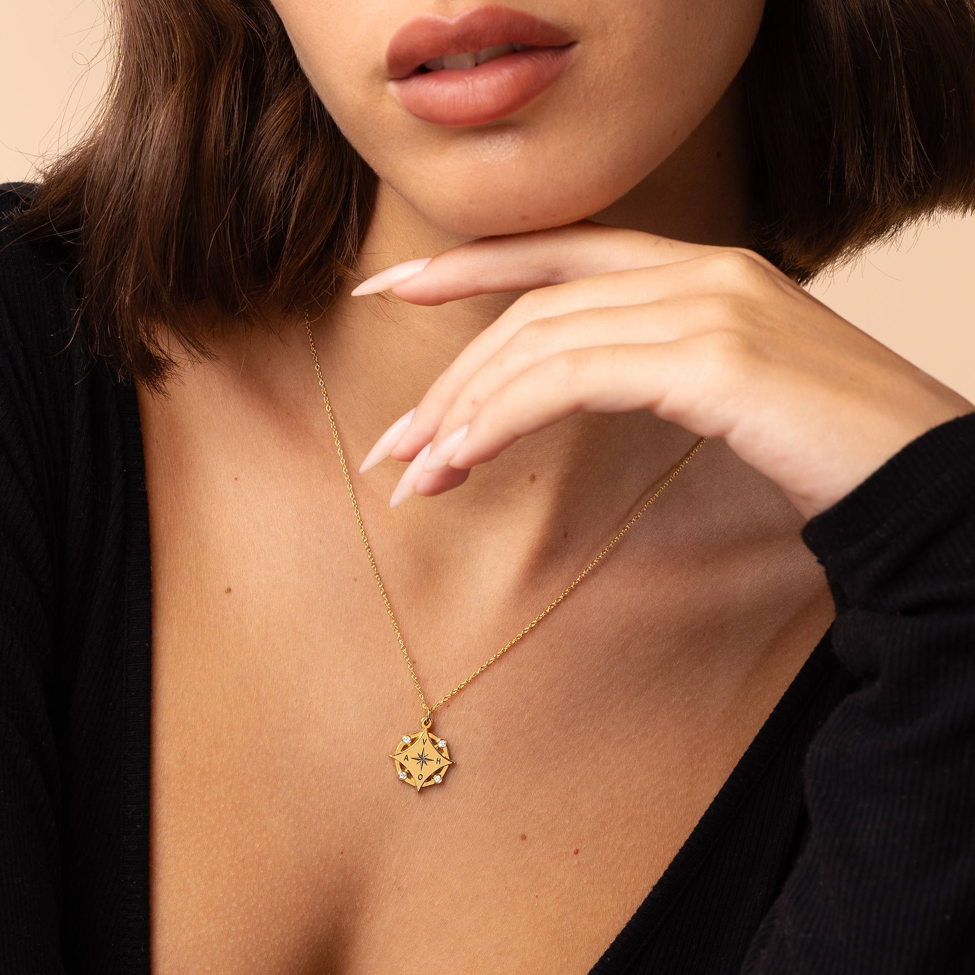 Kaia Initial Compass Necklace with Diamonds in 18K Gold Plating-4 product photo