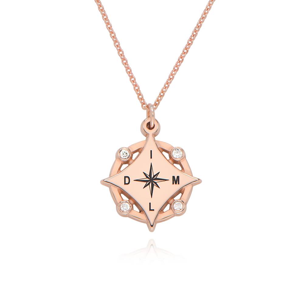 Kaia Initial Compass Necklace with Diamonds in 18K Rose Gold Plating product photo