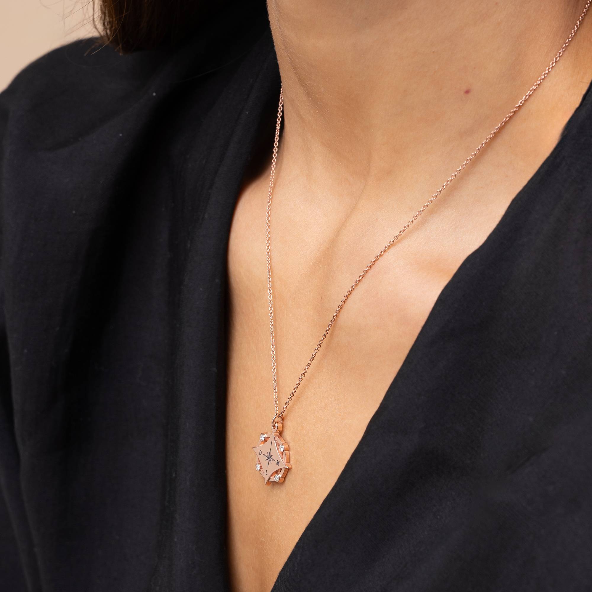 Kaia Initial Compass Necklace with Diamonds in 18K Rose Gold Plating-6 product photo