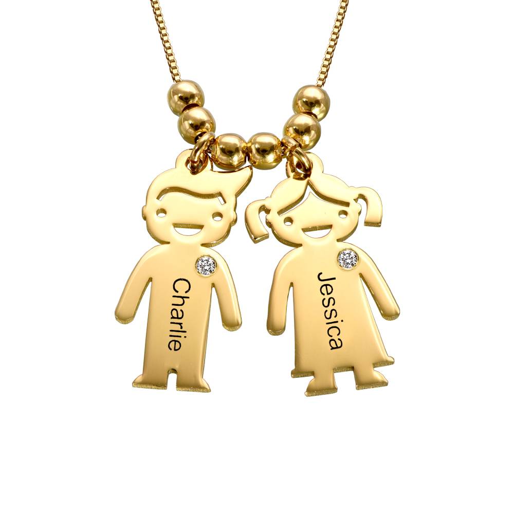 Mother's Necklace with Engraved Children Charms & Diamonds in 18K Gold Plating-4 product photo