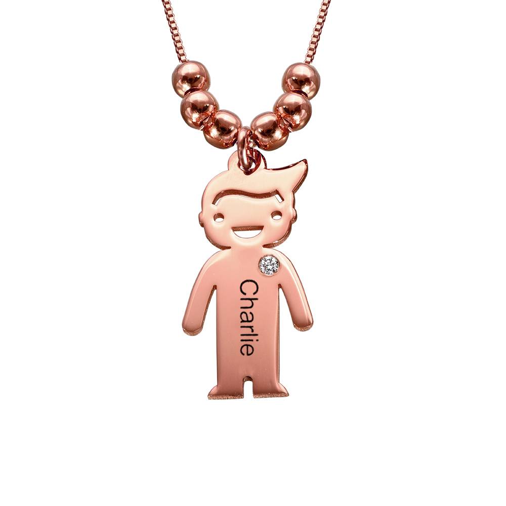 Mother's Necklace with Engraved Children Charms & Diamonds in 18K Rose Gold Plating-1 product photo