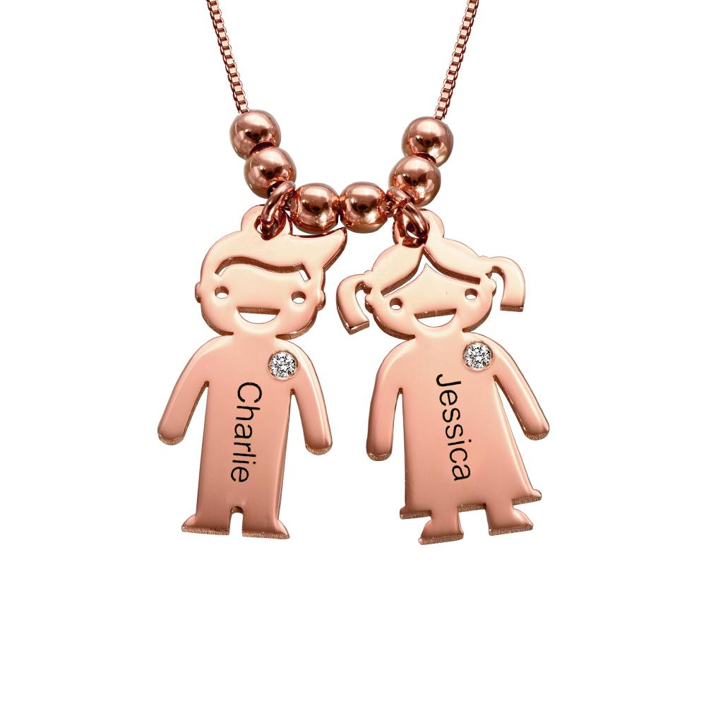Mother's Necklace with Engraved Children Charms & Diamonds in 18K Rose Gold Plating-5 product photo