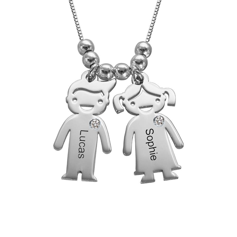 Mother's Necklace with Engraved Children Charms & Diamonds in Sterling Silver-2 product photo