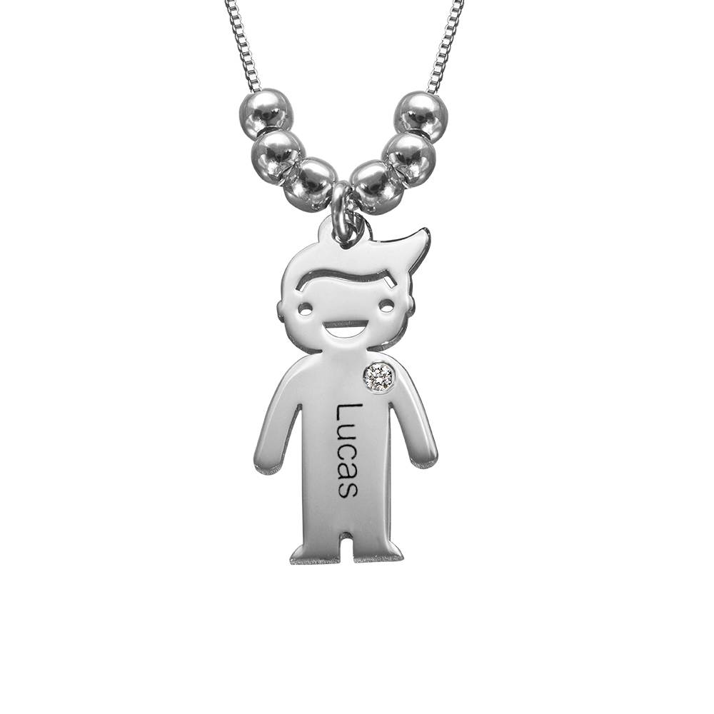Mother's Necklace with Engraved Children Charms & Diamonds in Sterling Silver-5 product photo