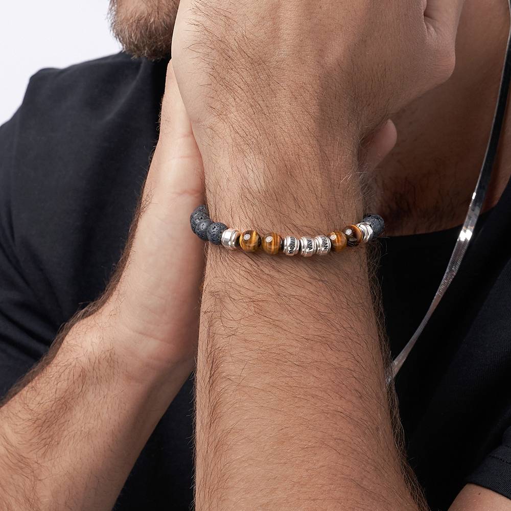 Pulsera de Lava y Ojo de Tigre para Hombres con Cuentas Grabadas en Plata Esterlina-2 Pulsera de Lava y Ojo de Tigre para Hombres con Cuentas Grabadas en Plata Esterlina-2 foto de producto