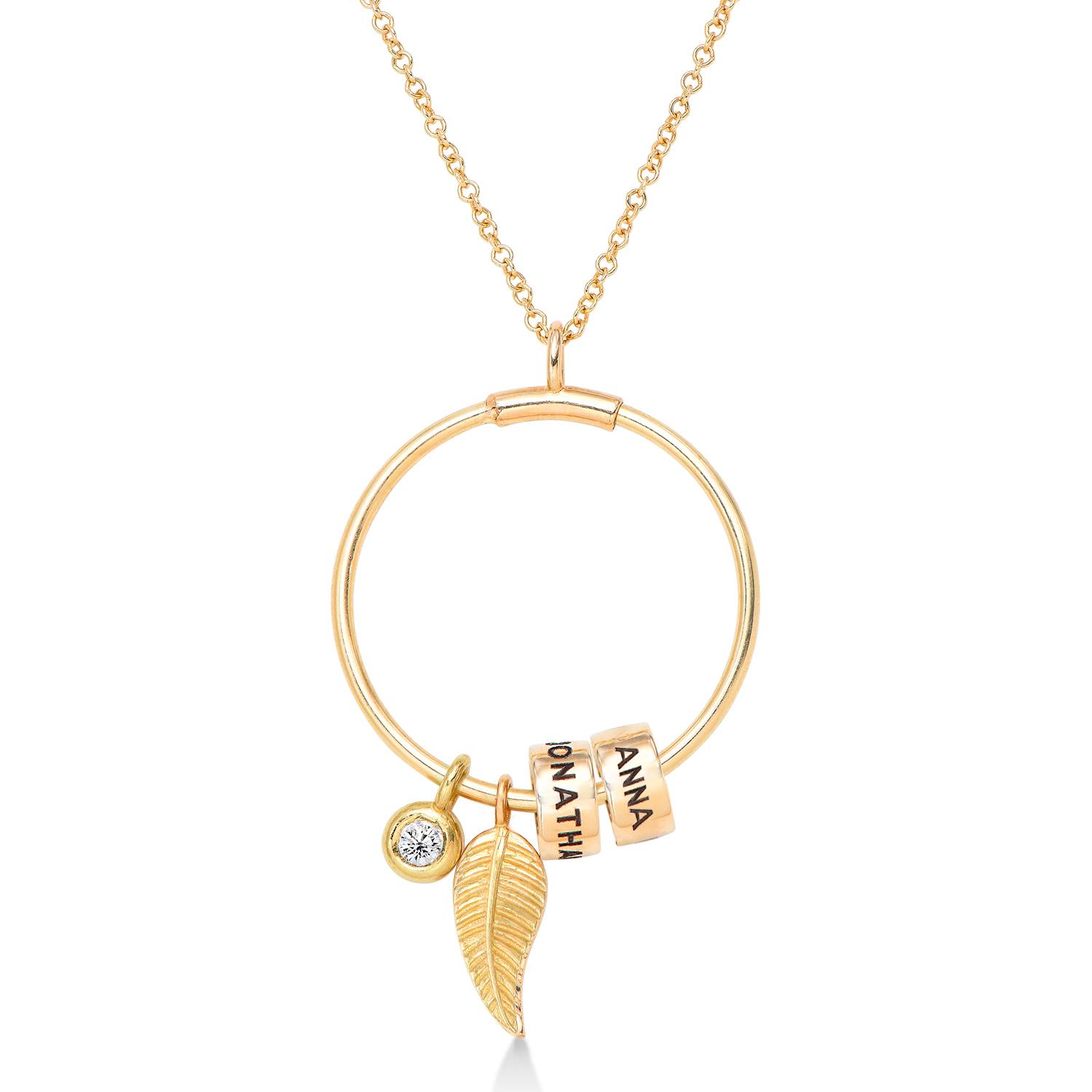 Gegraveerde Cirkel Hanger Linda ™ Ketting met blad en persoonlijke kralen met Diamant in 10k Goud-1 Productfoto