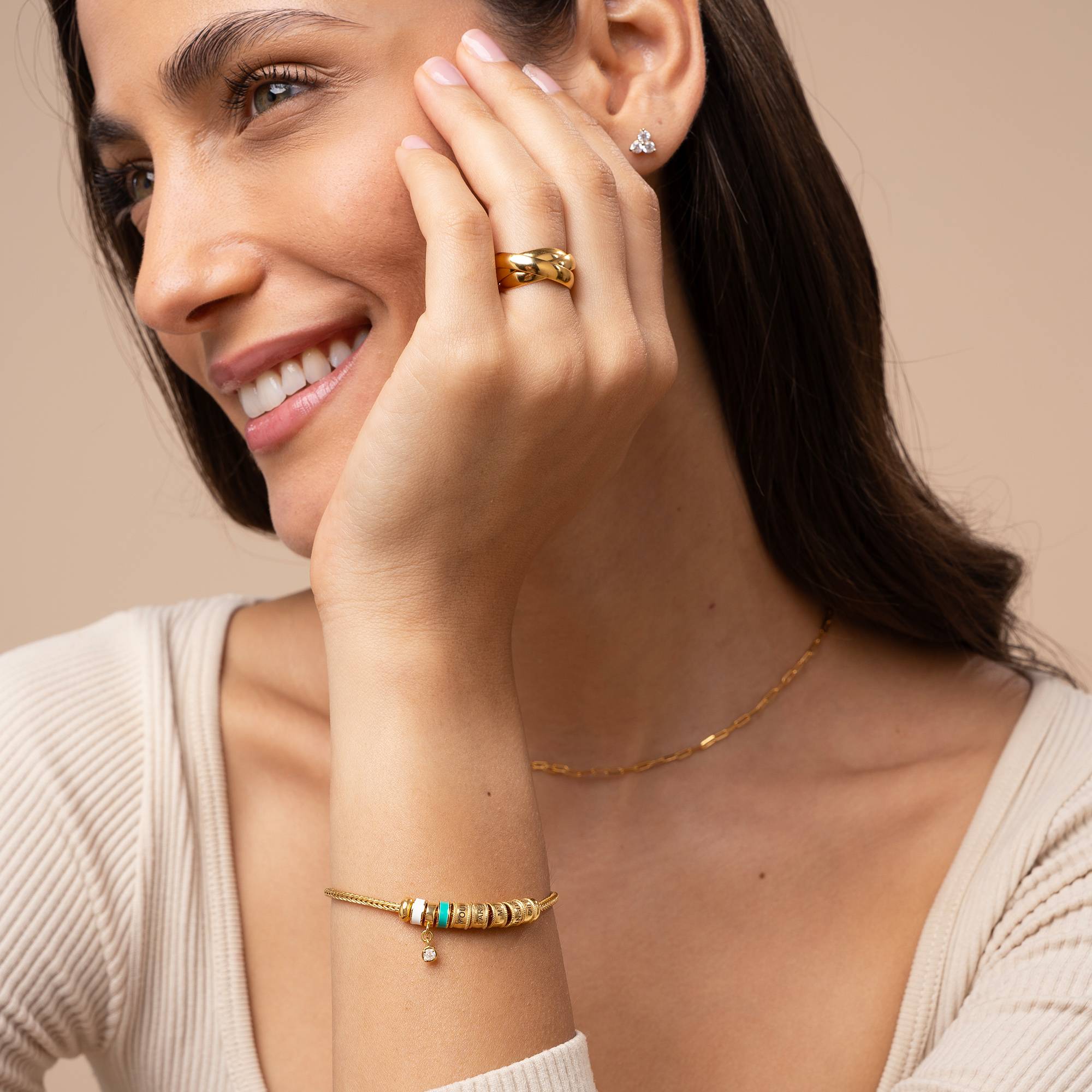 Linda Charm armbånd med hjertelås, diamant og emaljeperler 18K guld Vermeil-2 produkt billede