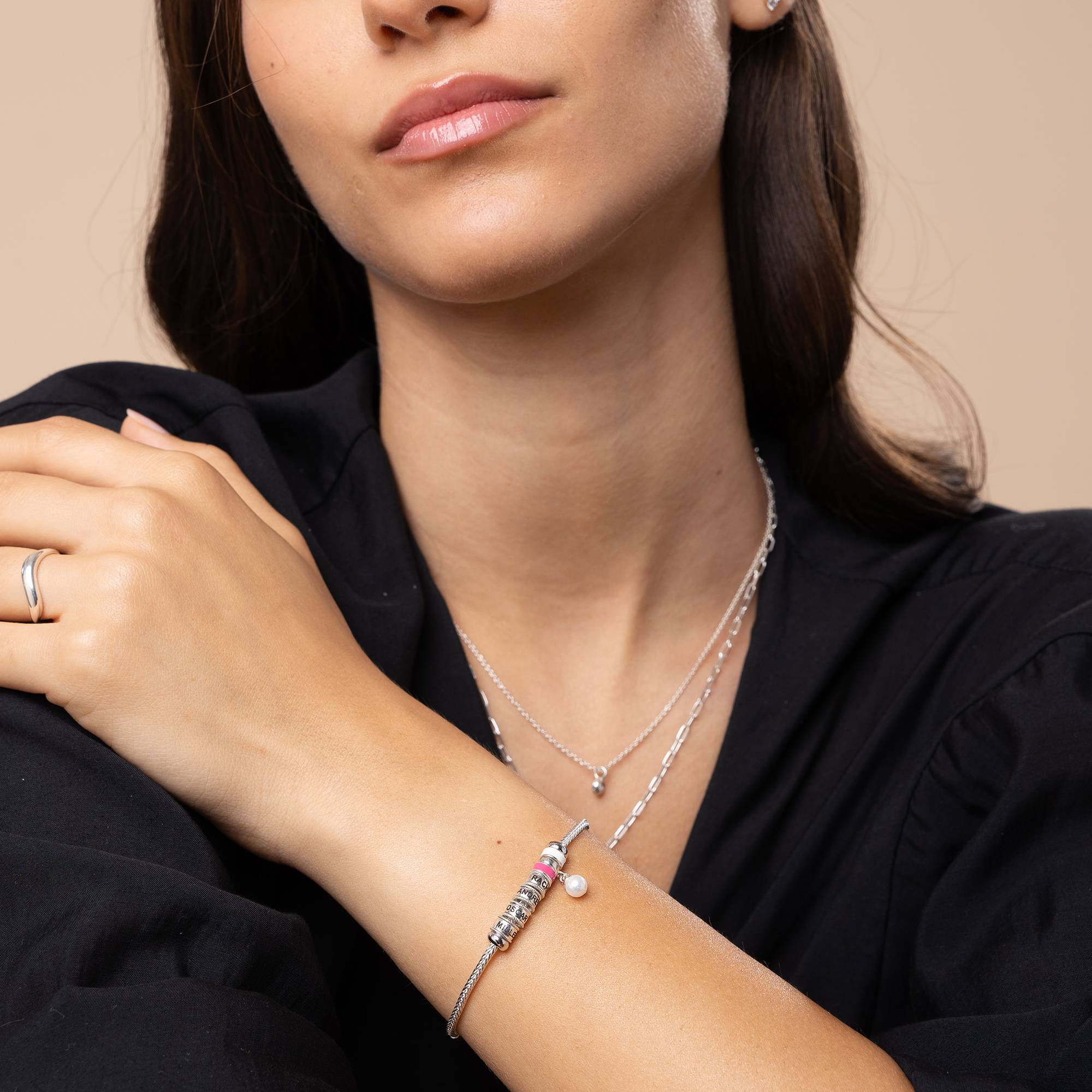Linda Charm armbånd med hjertelås, diamant og emaljeperler sterlingsølv-2 produkt billede
