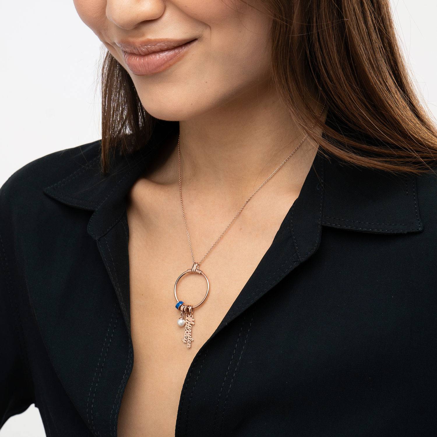 Collar vertical con nombre Linda con perla en Chapa de oro rosa de 18K-2 foto de producto