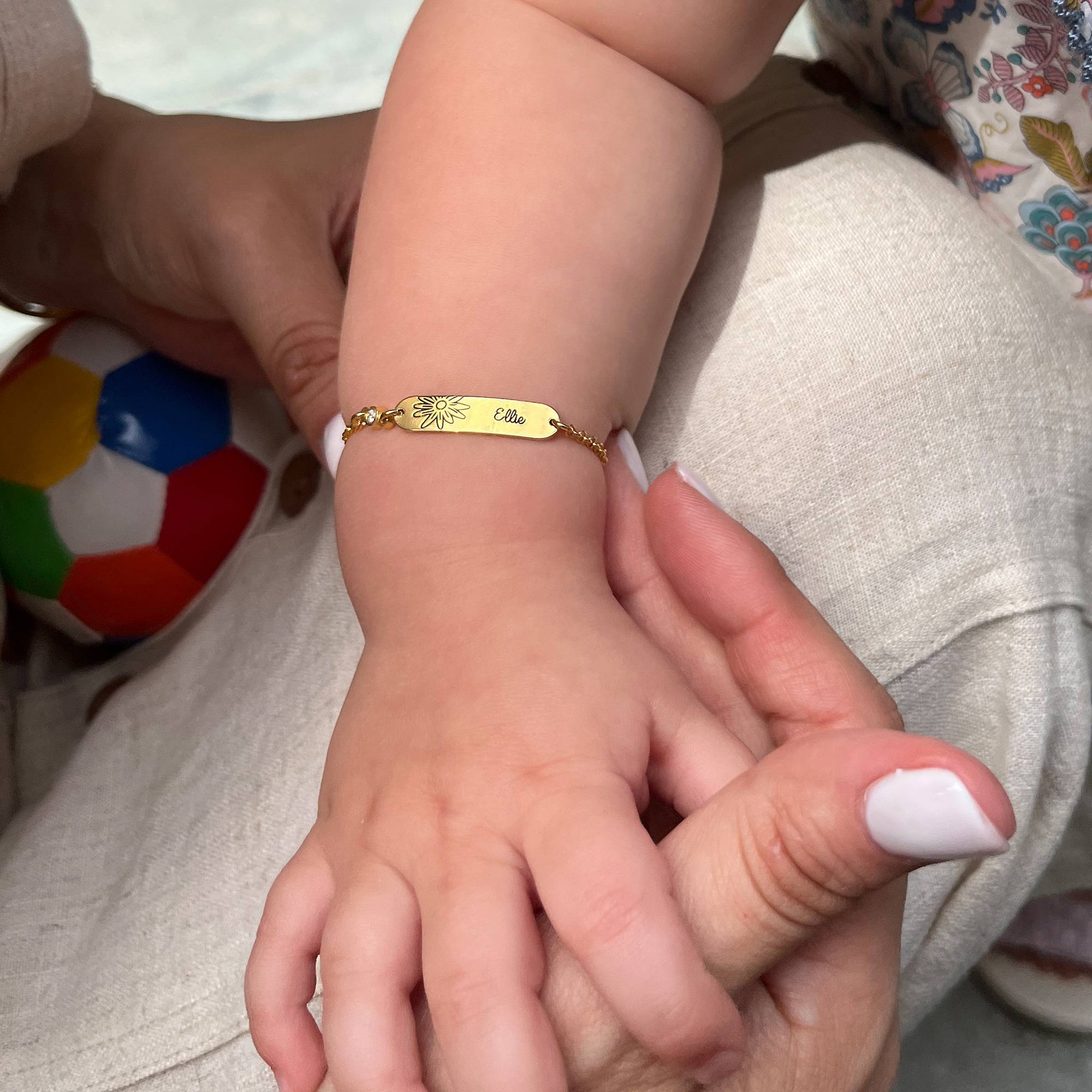 Lyla Baby Name Bracelet with Birth Flower and Stone in 18K Gold Plating-4 product photo