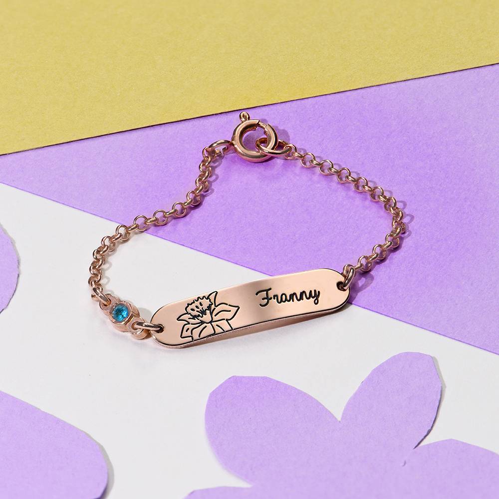 Lyla Baby Name Bracelet with Birth Flower and Stone in 18K Rose Gold Plating-2 product photo