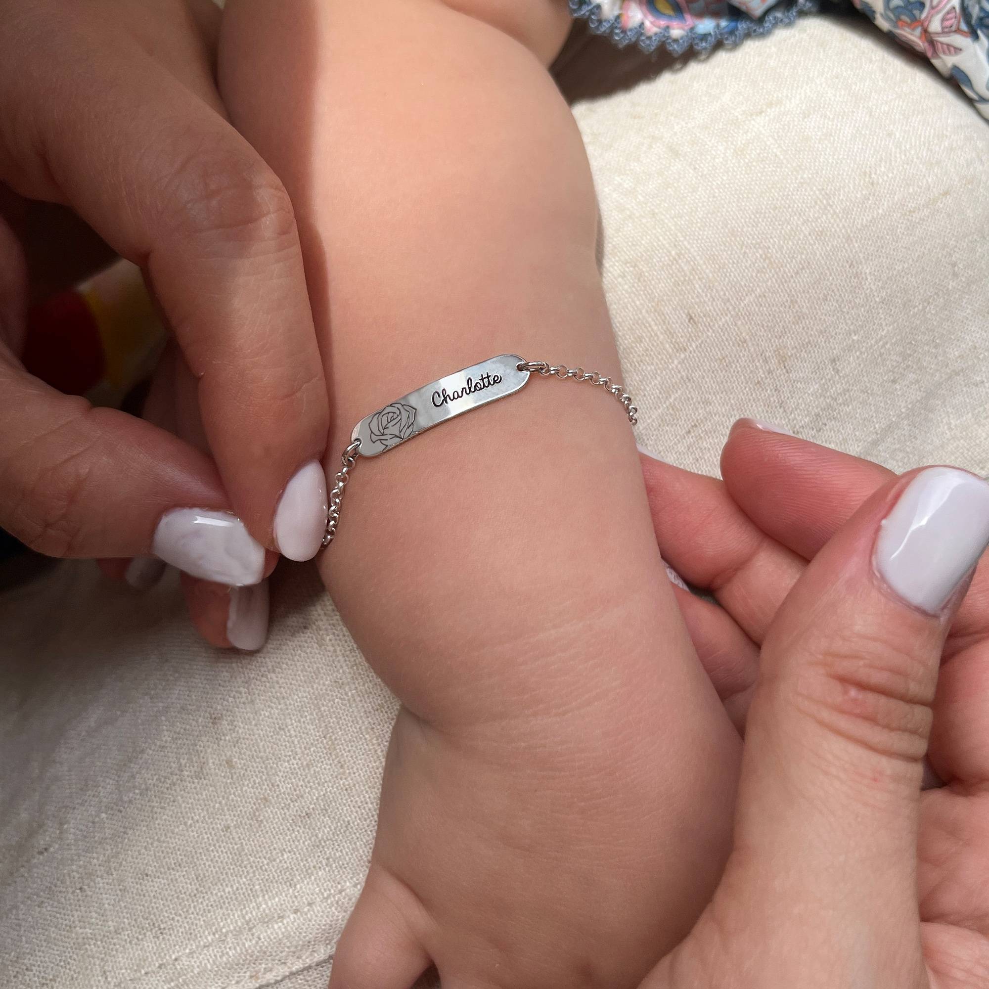 Lyla Baby Name Bracelet with Birth Flower in Sterling Silver-1 product photo