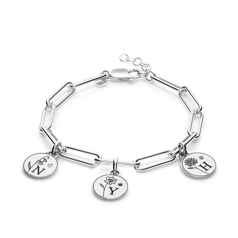 Prairie Geboortebloem Bedelarmband met Initialen en Geboortestenen in Zilver