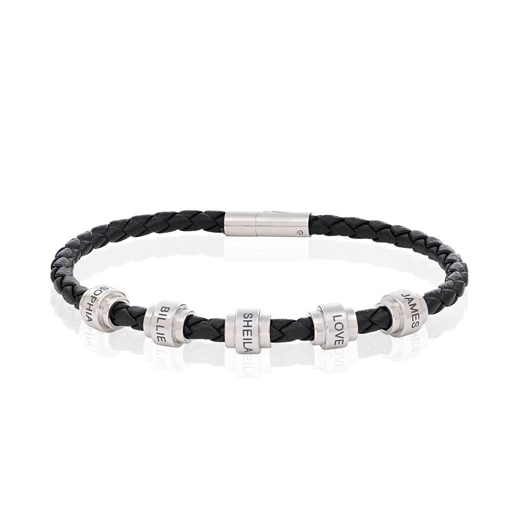 Men's Braided Leather Bracelet with Stainless Steel Engravable Beads product photo