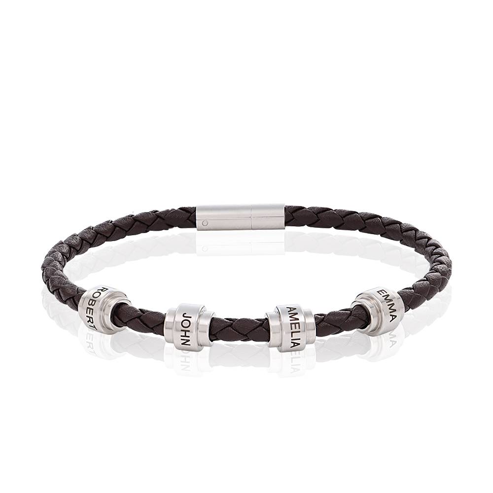 Men's Braided Leather Bracelet with Stainless Steel Engravable Beads-2 product photo