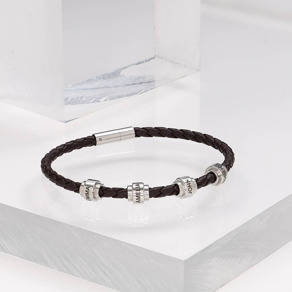 Men's Braided Leather Bracelet with Stainless Steel Engravable Beads-3 product photo