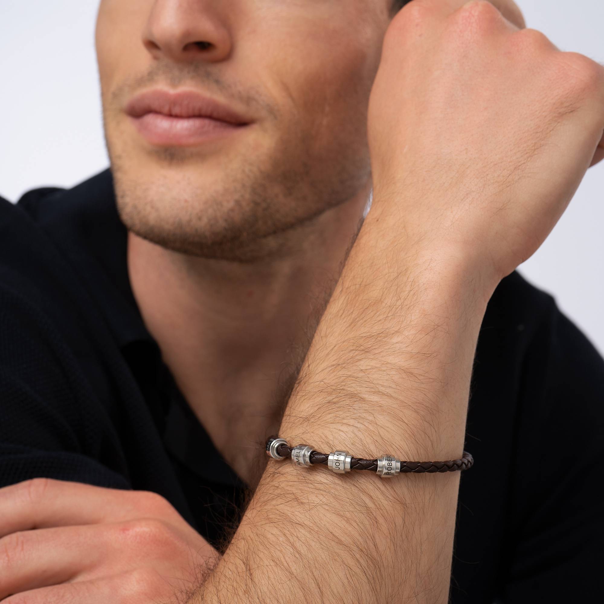 Men's Braided Leather Bracelet with Stainless Steel Engravable Beads-5 product photo
