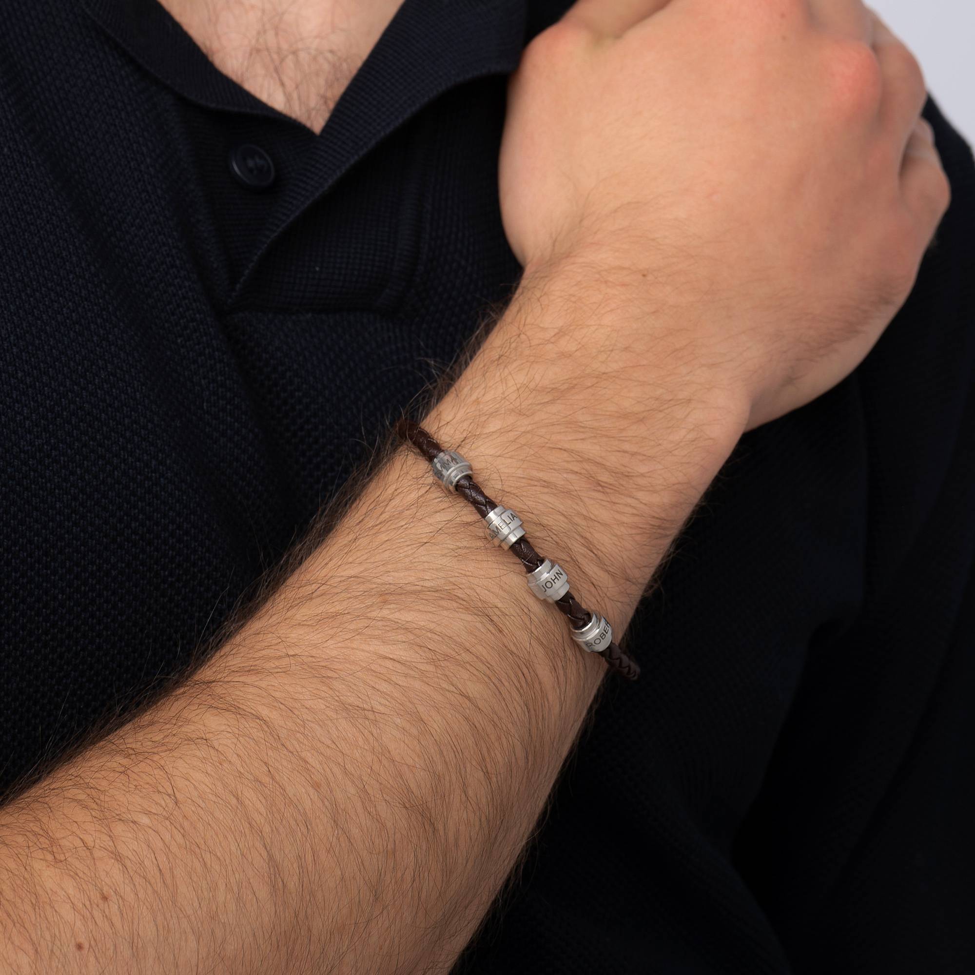 Men's Braided Leather Bracelet with Stainless Steel Engravable Beads-6 product photo