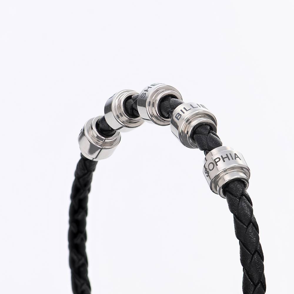 Men's Braided Leather Bracelet with Stainless Steel Engravable Beads-4 product photo