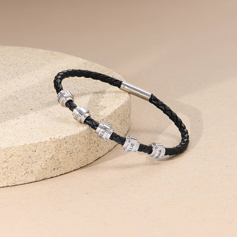 Men's Braided Leather Bracelet with Stainless Steel Engravable Beads-5 product photo