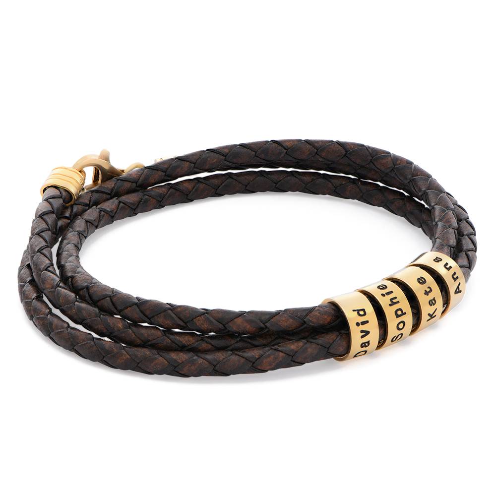 Navigator Braided Brown Leather Bracelet for Men with Custom Beads  in Gold Plating-4 product photo