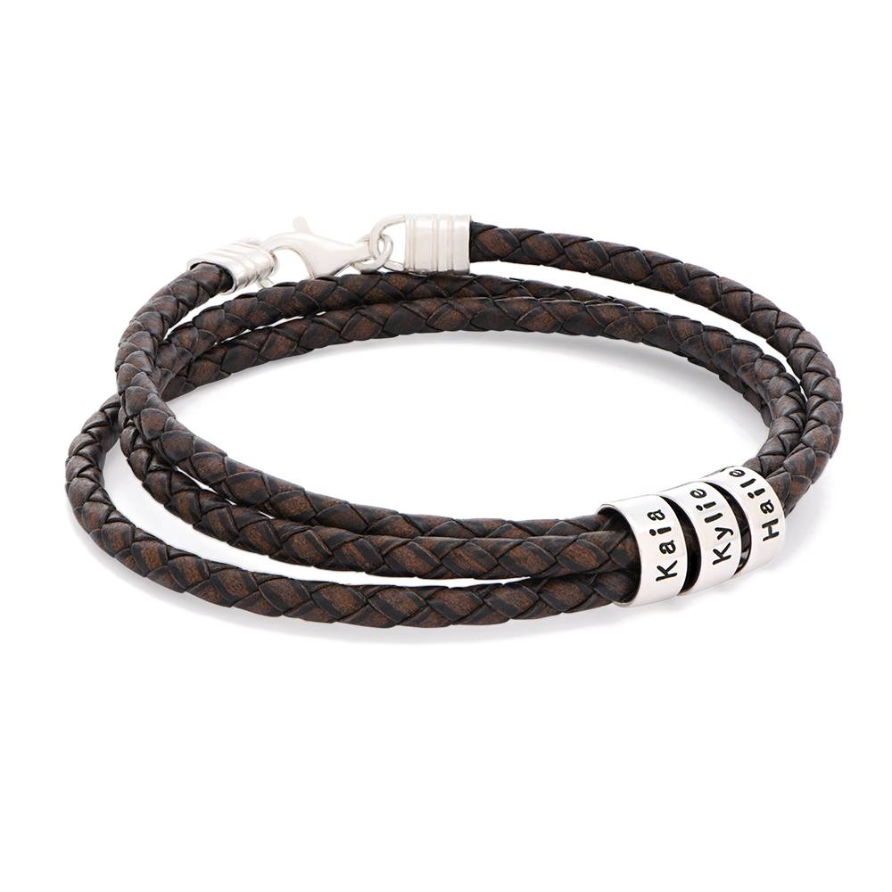 Navigator Braided Brown Leather Bracelet with Custom Beads in Sterling Silver-1 product photo