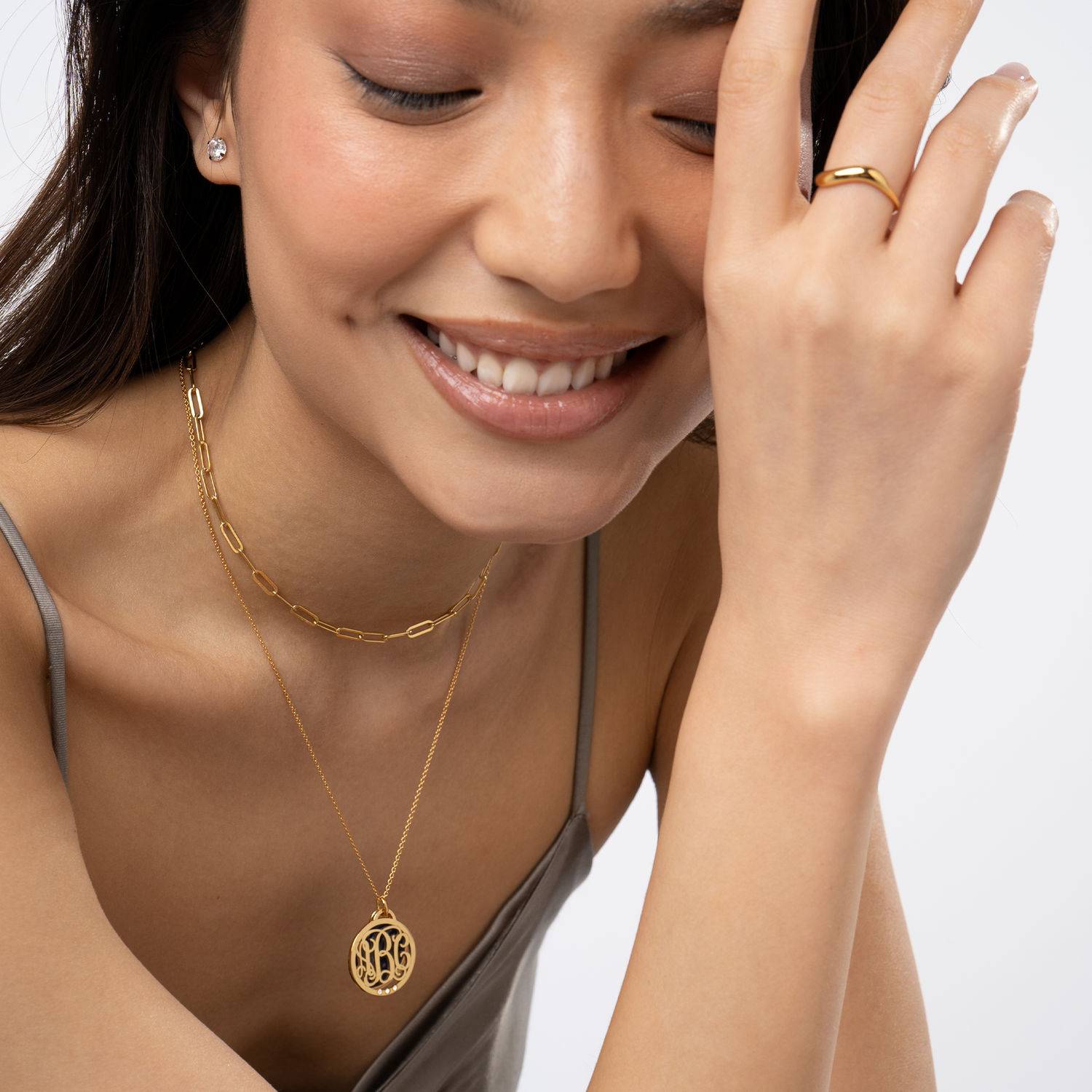 Monogramm-Halskette mit Halbedelstein und 0,03 ct Diamanten - 417er Gelbgold-1 Produktfoto