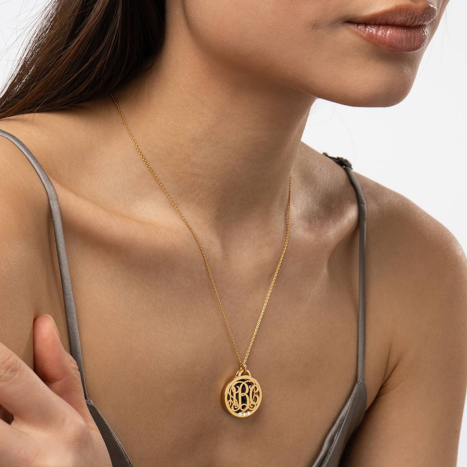 Monogram Initials Necklace with Semi-Precious Stone and Diamonds in 10K Yellow Gold-5 product photo