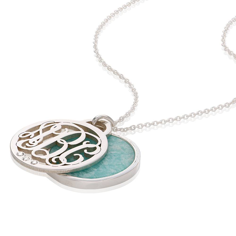 Monogram Necklace with Semi-Precious Stone and 0.03CT Diamonds in Sterling Silver-3 product photo