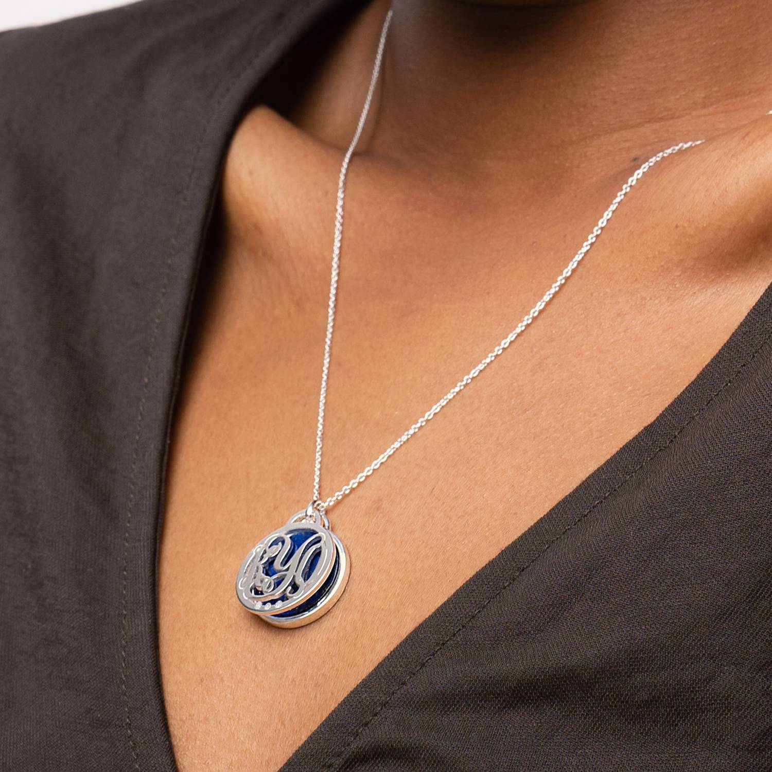 Monogram Initials Necklace with Semi-Precious Stone and Diamonds in Sterling Silver-5 product photo