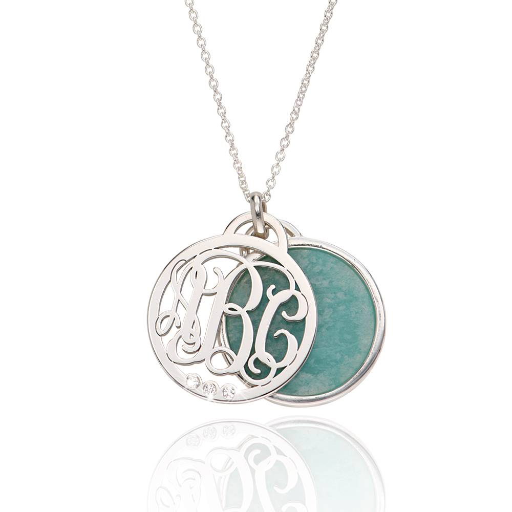 Monogram Initials Necklace with Semi-Precious Stone and Diamonds in Sterling Silver-2 product photo