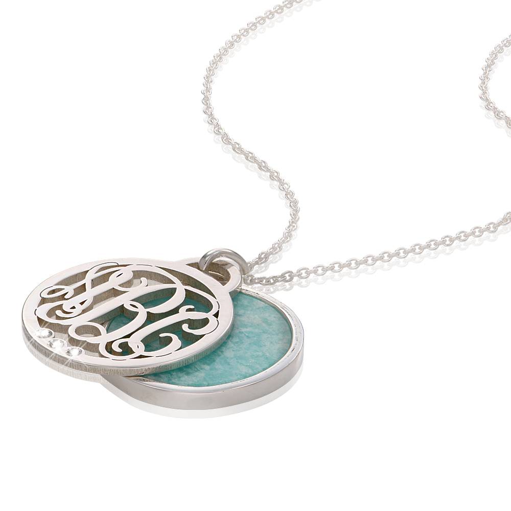 Monogram Initials Necklace with Semi-Precious Stone and Diamonds in Sterling Silver-3 product photo
