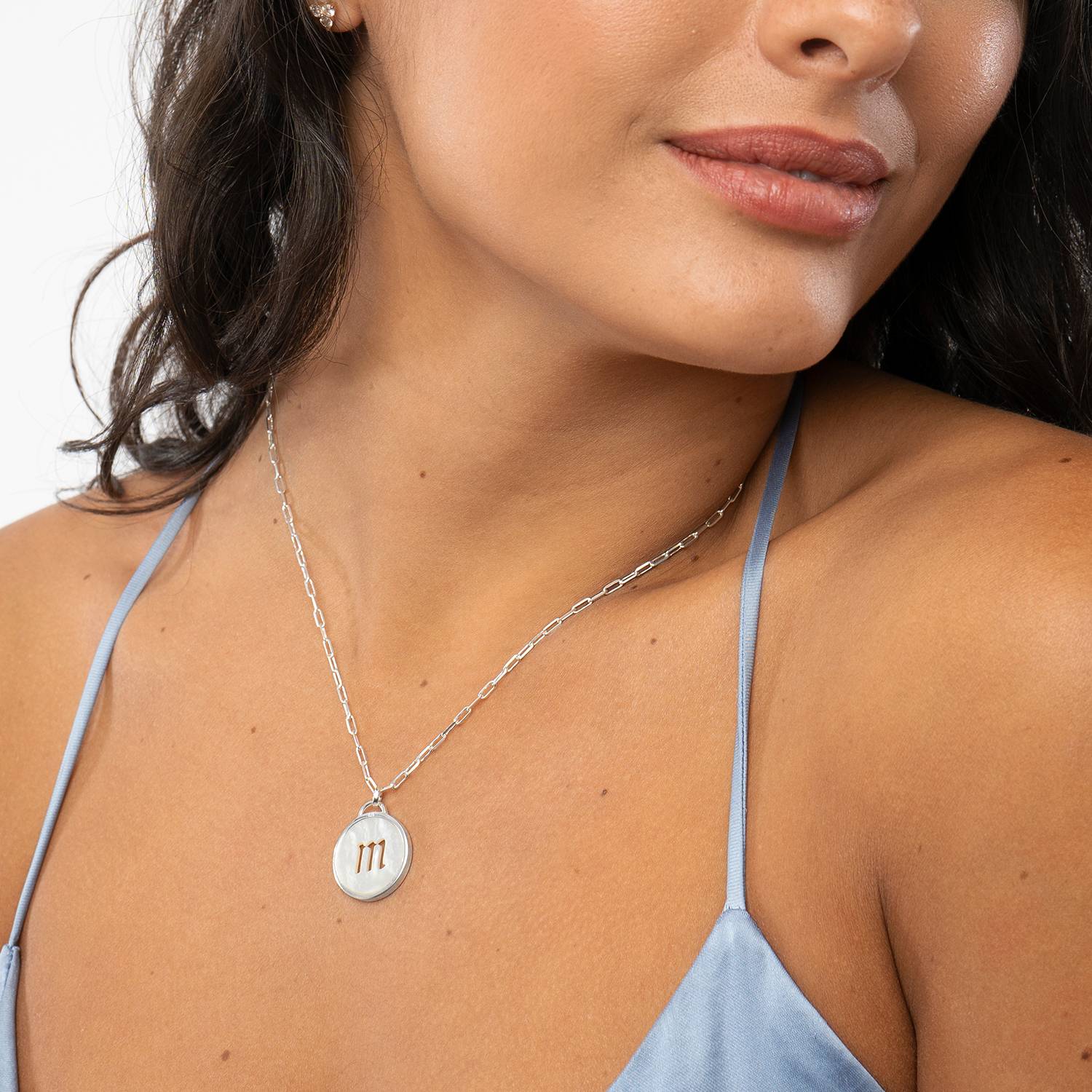 Mother of Pearl Initial Cutout Necklace in Sterling Silver-3 product photo