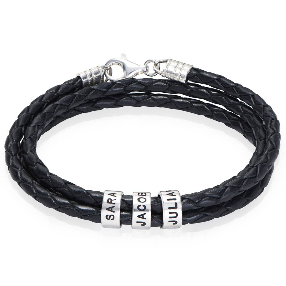 Navigator Gevlochten Zwarte Leren Herenarmband met Gepersonaliseerde Kralen in 14k Witgoud
